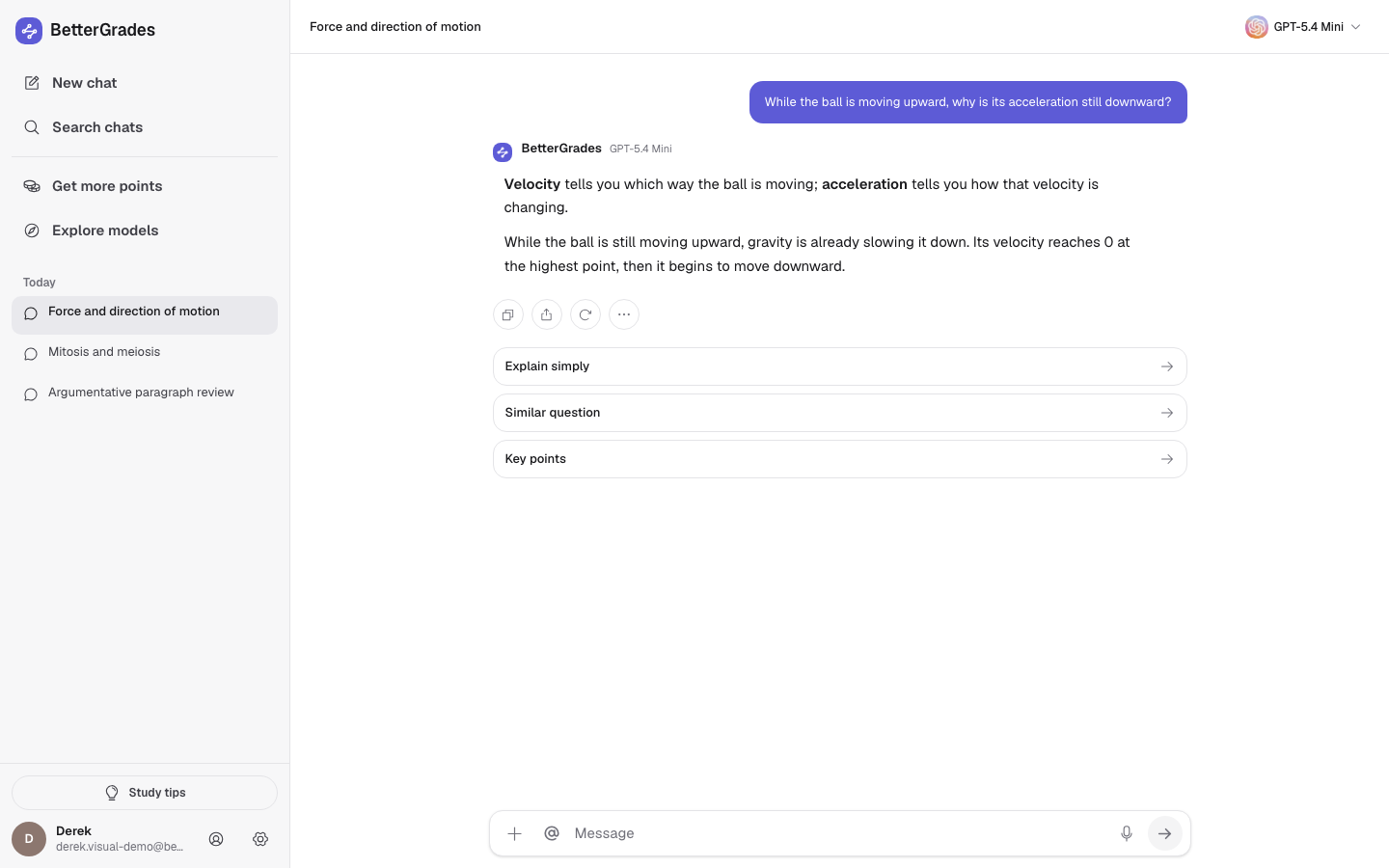 Better-Grades study conversation, answer review, and relevant context